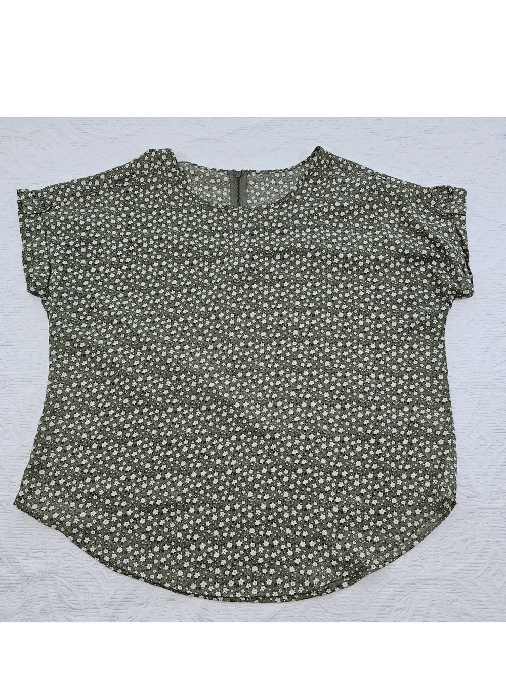 Olive Ditsy Floral Womens Top L Short Sleeve Tab Blouse Zipper Boho Prairie